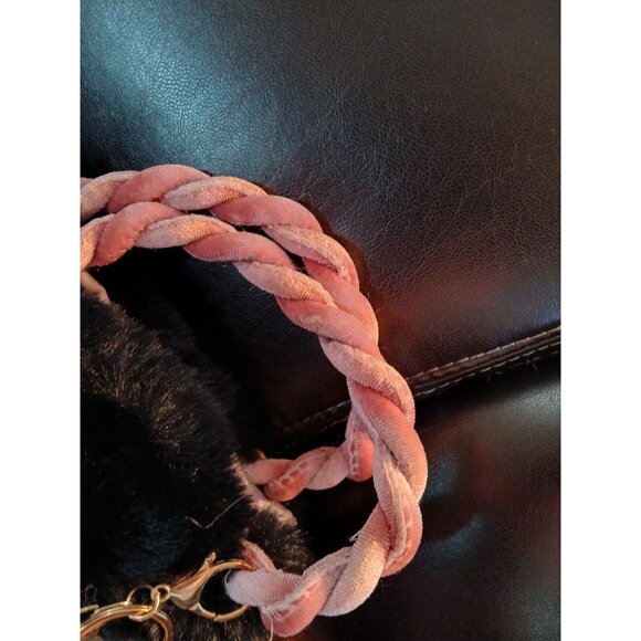 Plush BLACK Fur Bucket Bag Two PINK Pom Pom CHERRIES Fall School Trendy - Picture 11 of 12